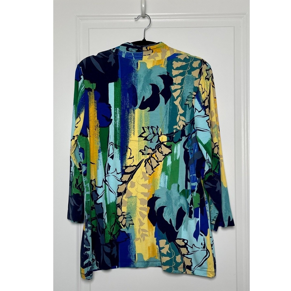 Chicos V-Neck Tunic Women Sz 2 / US L Blue Yellow Abstract Floral 3/4 Sleeve Top - Picture 6 of 9